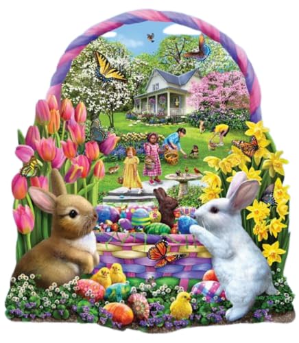 Bits and Pieces 300 Piece Puzzles for Adults, Easter Basket Bunnies 300 Large Pieces 20" x 21" Jigsaw Puzzles - Easter Egg Hunt - Random Die Cut