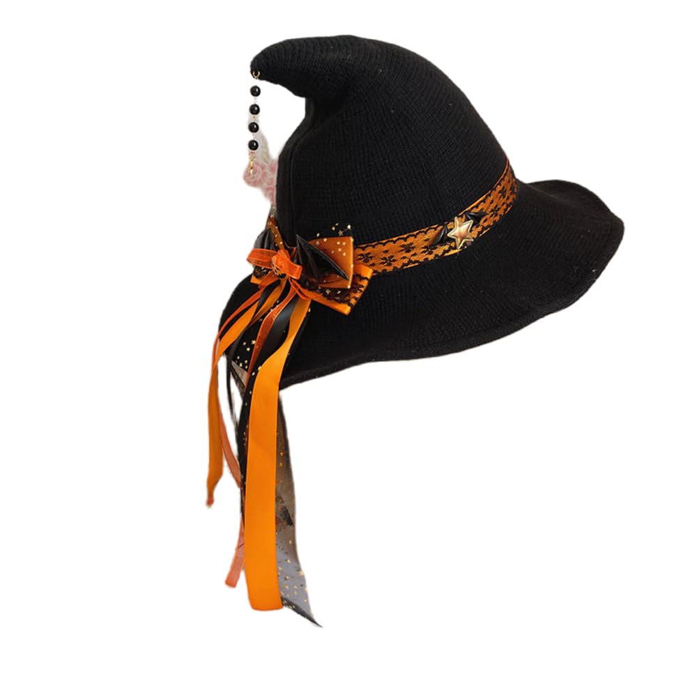 Cntqiang Lolita Halloween Witch Hat with Big Bowknot for Women Foldable Pointed Cap Costum for Christmas Cosplay Party(Orange)