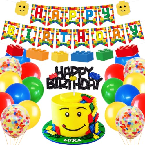 Building Blocks Themed Birthday Party Decorations Pack - Includes Glitter Cake Topper Banners and Balloons - Summer Colorful Themed Bday Party Pack