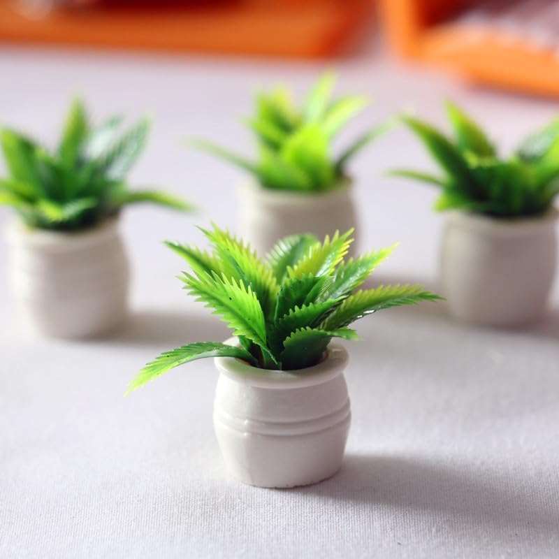 1:12 Scale Mini Potted Plants - Resin Botanical Decor for Dollhouse Kitchens and Living Rooms, Evergreen DIY Craft Accessories with Lifelike Foliage