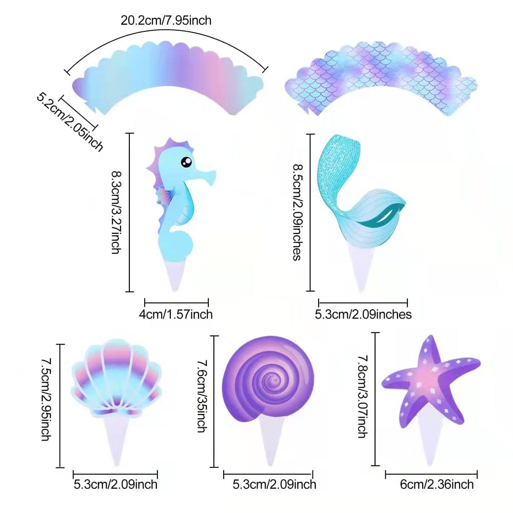 YOMINY Mermaid Cupcake Toppers and Wrappers, 40 pcs Double Side Little Mermaid Theme Decoration,Under The Sea Theme, Baby Shower Birthday Party Favor