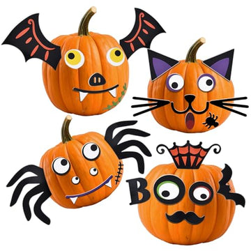 16 Packs Foam Pumpkin Decorating Kit - Pumpkin Foam Stickers for Decorating - 4 Style Holiday Decor Kits for Kids Cat, Bat, Spider Craft Stickers