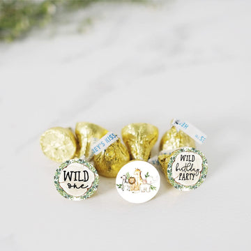 Andaz Press Woodland Safari Animals Wild One Chocolate Drop Label Stickers for Kisses, First Birthday Party Favor Label Stickers, Kids 1st Birthday
