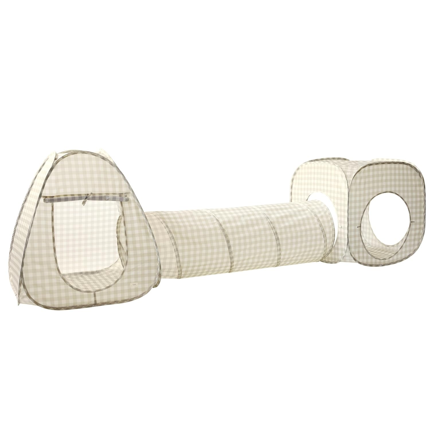 3 Sprouts Play Tent and Tunnel Set, 3-in-1 Pop Up, Gingham Beige