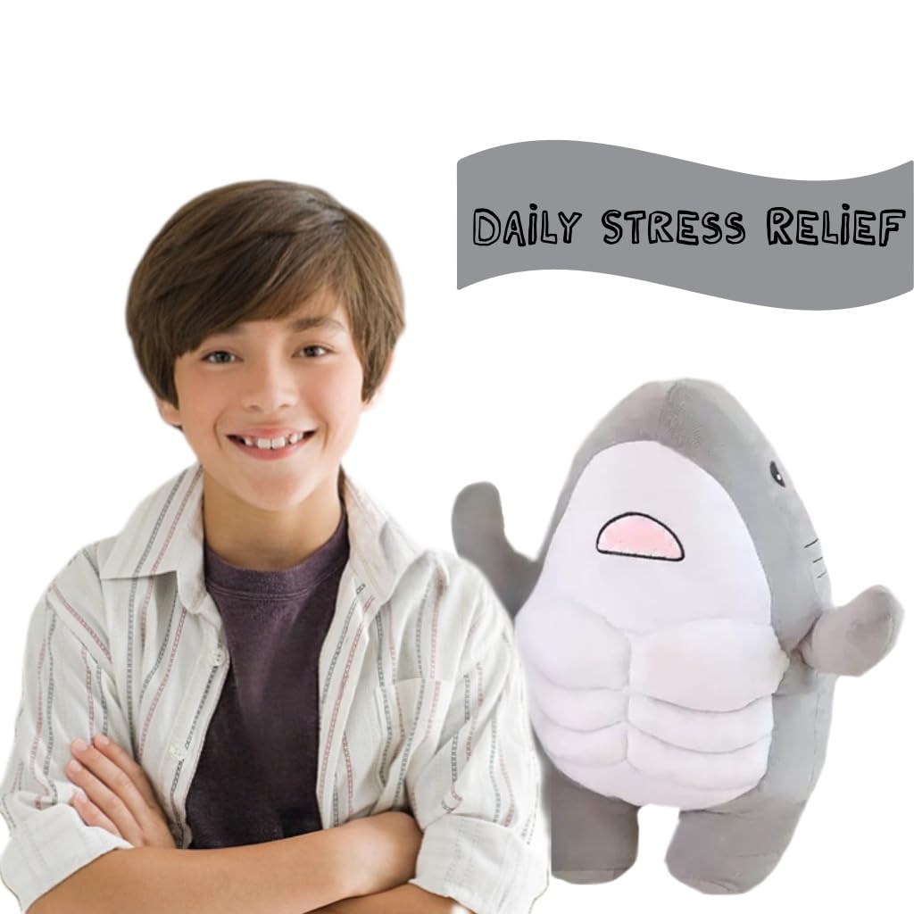 NCAIUNAE Muscle Shark Stuffed Animal - Cute 3D Muscle Shark Pillow Plush Toy?Gifts for Kids - 13.8inches?Grey?
