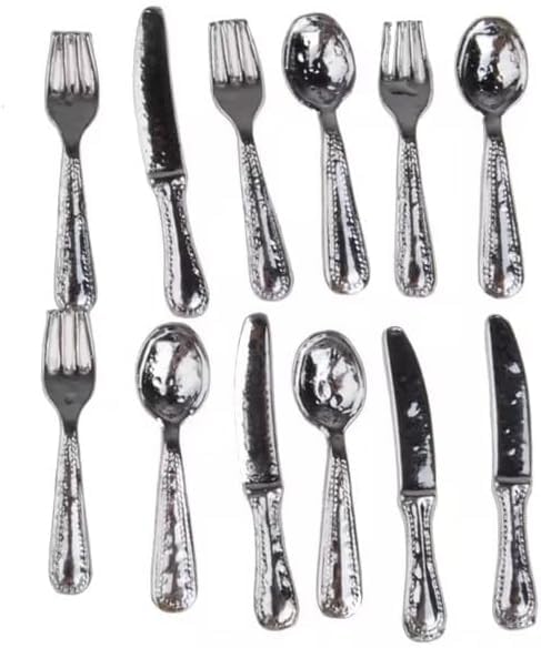 12-Piece 1/12 Scale Silver Miniature Cutlery Set - Stainless Steel Dollhouse Accessories for Cupcake Decorations and Model Displays (0.8" Tiny