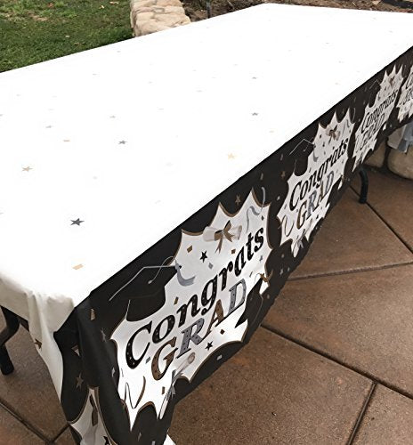 Oojami 3 Pack Black and Gold Graduation Tablecloths with Congrats Grad Banner - 54" x 108" | 2025 Graduation Party Supplies, Large Plastic Table