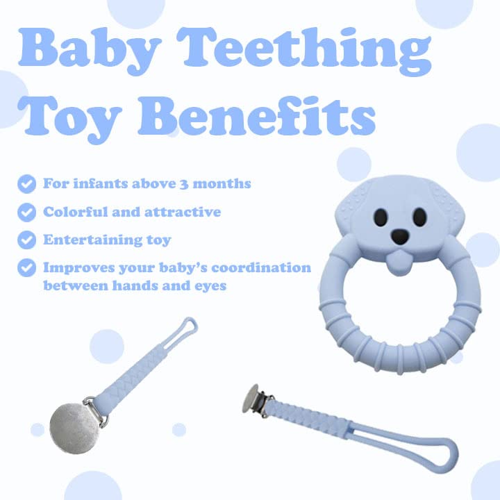 Gadgetime USA Baby Teething Toy Set - Includes Blue Pacifier Clip & Bear Teether - Silicone Chew Toys for Infants Newborns - BPA Free Freezer Safe