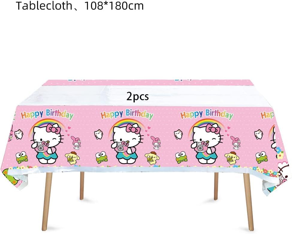 HACBYUTY Tablecloth, 2pcs Hello Cat Kitty Birthday Party, Rectangular, Plastic, 70'' x 42'', Waterproof, Blue Pink