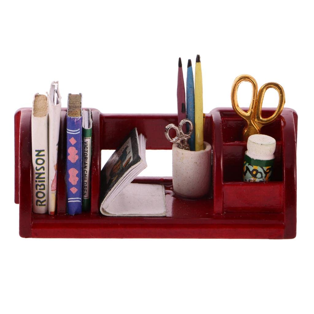 Jili Online Vintage 1/12 Dollhouse Miniature Office Supplies Kit Accessories Book Shelf Study Stationery Organizer Red