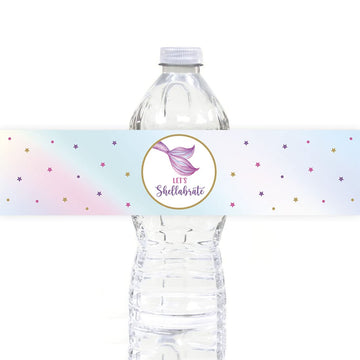 Andaz Press Mermaid 1st Birthday Waterproof Water Bottle Labels, Let's Shellabrate Birthday Party Favor Water Bottle Wraps Pastel Mermaid Theme