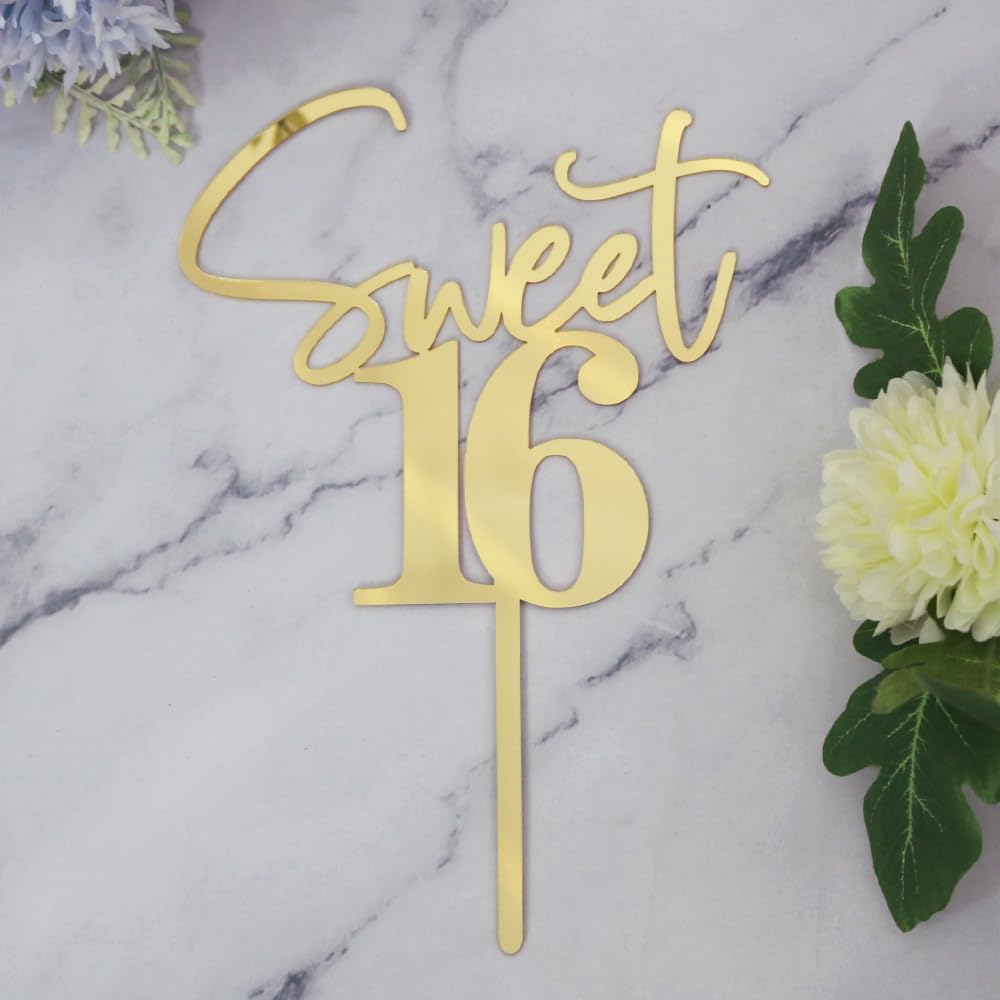 Bejotaa Sweet 16 Cake Toppers Mirror acrylic gold