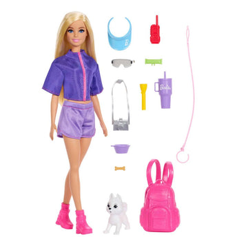 Barbie “Malibu” Outdoor Adventures Fashion Doll Wearing Adventure Outfit, with 10+ Camping-Themed Accessories Including Pet Puppy
