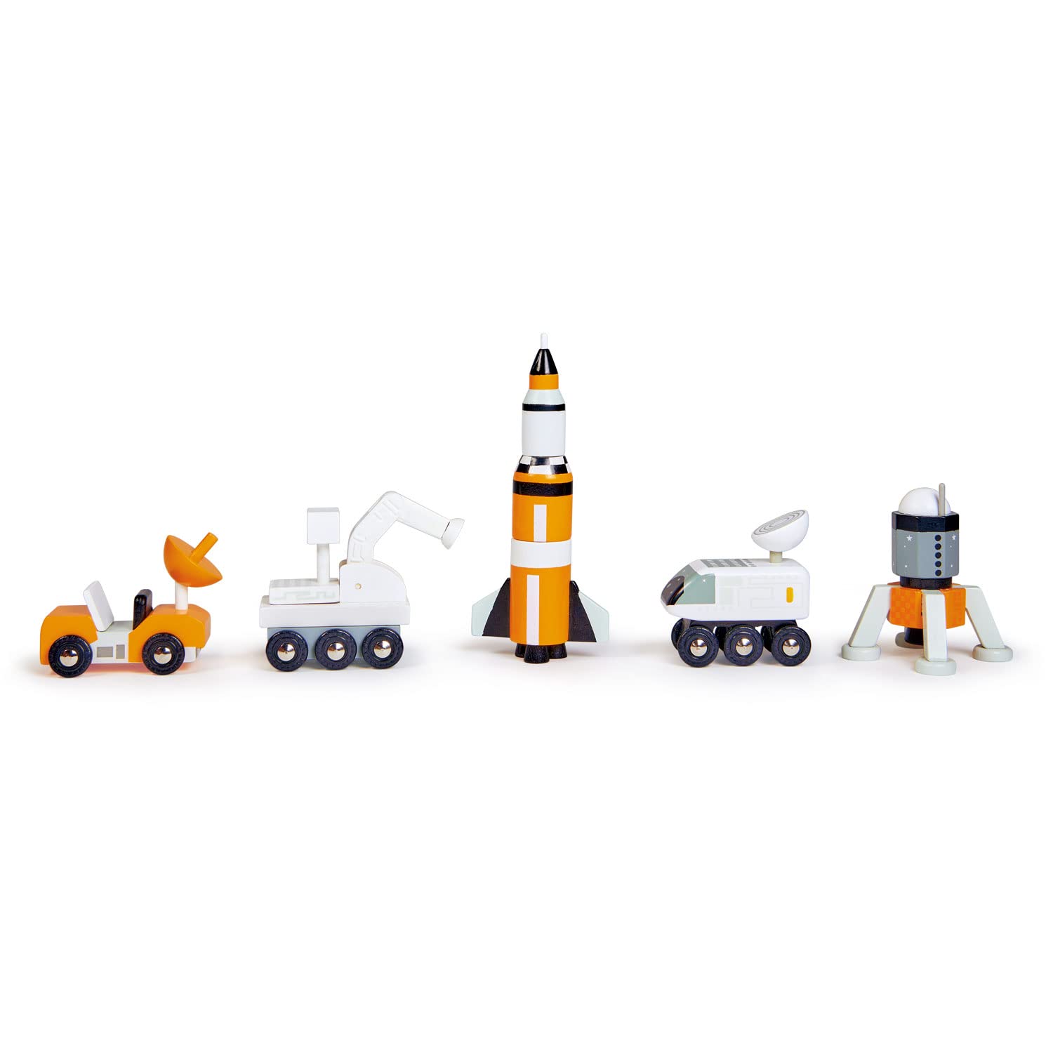 Tender Leaf Toys - Space Voyager Set - 7 Piece Solid Wood Space Vehicle Set with Moving Parts - Boost Imagination and Learn Through Play