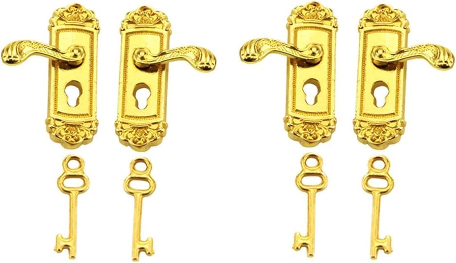 1/12 Miniature Door Handle, 2 Pair Left and Right Handles Dollhouse Decoration Accessories, Gold