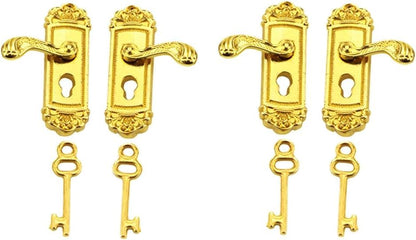 1/12 Miniature Door Handle, 2 Pair Left and Right Handles Dollhouse Decoration Accessories, Gold
