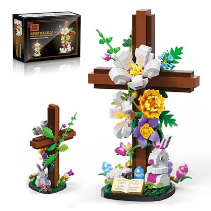 HiDectee Cross Flower Building Set - Jesus Botanical Lily Cross with Bible Base & Spring Garden - Religious Christian Faith Gifts for Women, Mom
