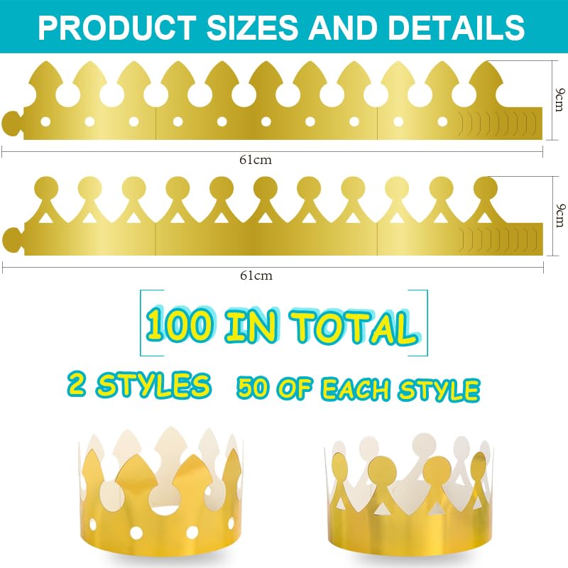100-Piece Gold Adjustable Paper Crowns with DIY-Size Design, Exclusive for Kids' Birthday Parties & Family Gathering Decorations (Retro Style)