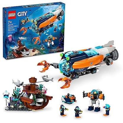 LEGO City Deep-Sea Explorer Submarine 60379 Building Toy Set, Ocean Submarine Playset with Shipwreck Setting, 6 Minifigures and 3 Shark Figures for