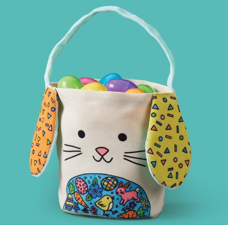 Crocodile Creek Color Your Own Easter Bunny Basket Craft Kit - Cotton Easter Basket with 6 Fabric Markers for Kids Ages 6+ - DIY Easter Activity