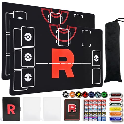 Playmat Set for TCG,2-Player Trainer TCG Playmat 2 PCS with 38 Damage Counters, 2 Trading Card Cases,65 Card Sleeves and Professional Storage Bag