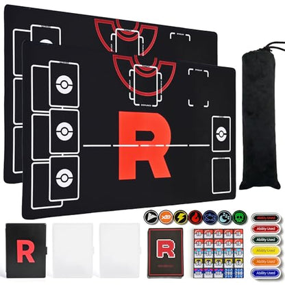 Playmat Set for TCG,2-Player Trainer TCG Playmat 2 PCS with 38 Damage Counters, 2 Trading Card Cases,65 Card Sleeves and Professional Storage Bag