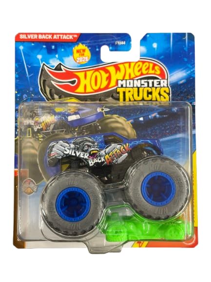 Hot Wheels Monster Trucks Silver Back Attack, Stripes Earned 2/4 [Includes Crushed Car] New for 2026! 1:64 Scale Diecast Toy Vehicle