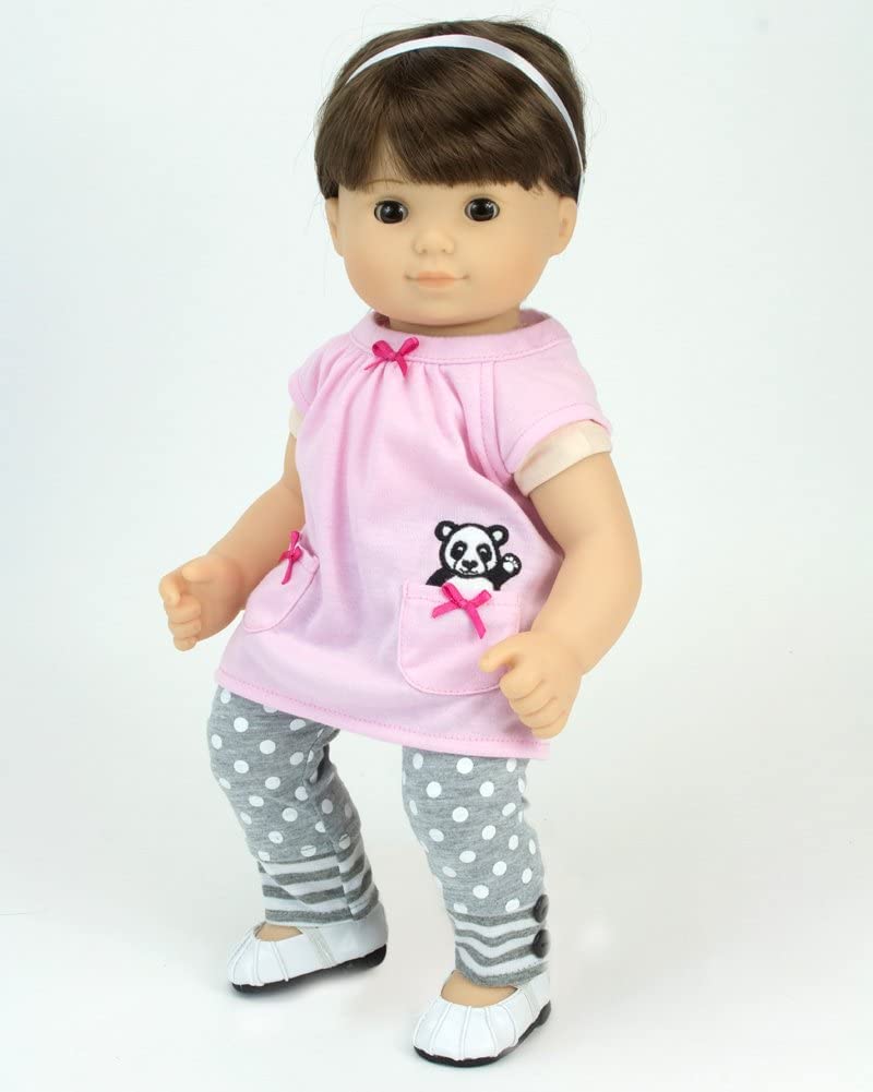 Sophia's Baby Doll Outfit Includes Panda Bear Hooded Sweatshirt, Pink Tunic, and Gray Polka Dot Leggings 3 Piece Set for 15" Dolls, Pink/Gray