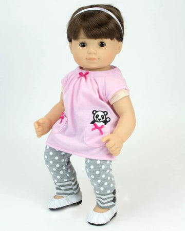 Sophia's Baby Doll Outfit Includes Panda Bear Hooded Sweatshirt, Pink Tunic, and Gray Polka Dot Leggings 3 Piece Set for 15" Dolls, Pink/Gray