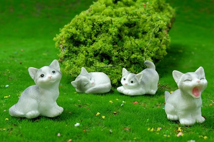 4 Pcs Mini Gray Cat Figurines in Different Poses - Cute Resin Kittens for Fairy Garden Accessories, DIY Terrarium Crafts, Moss Landscapes, Home