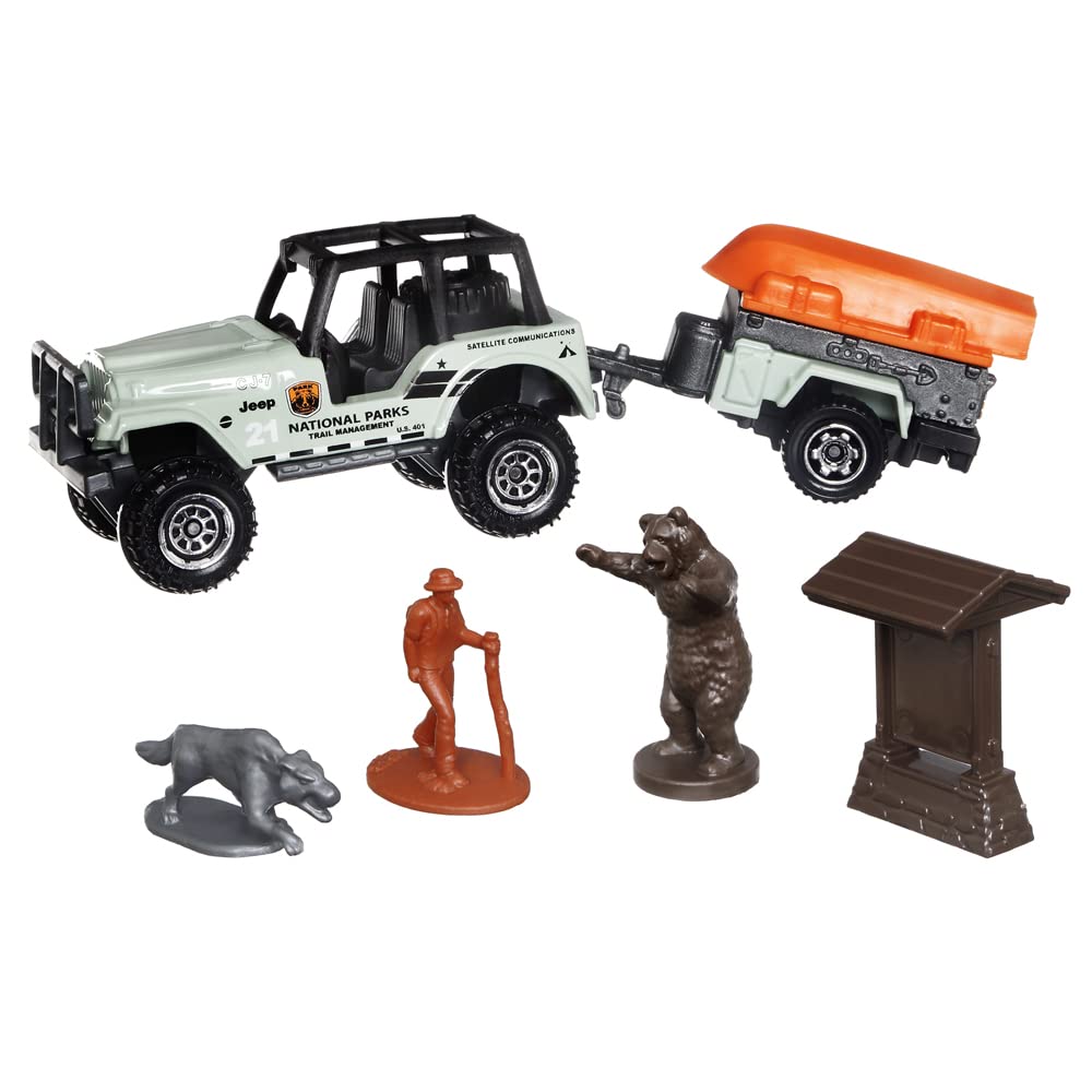 Matchbox Hitch & Haul Die-cast Vehicle Playset - Boating Bear Adventure ~ 6 Piece Set ~ Car CJ7 ~ Includes Trailer Trawler with Boat, Hiker, Bear