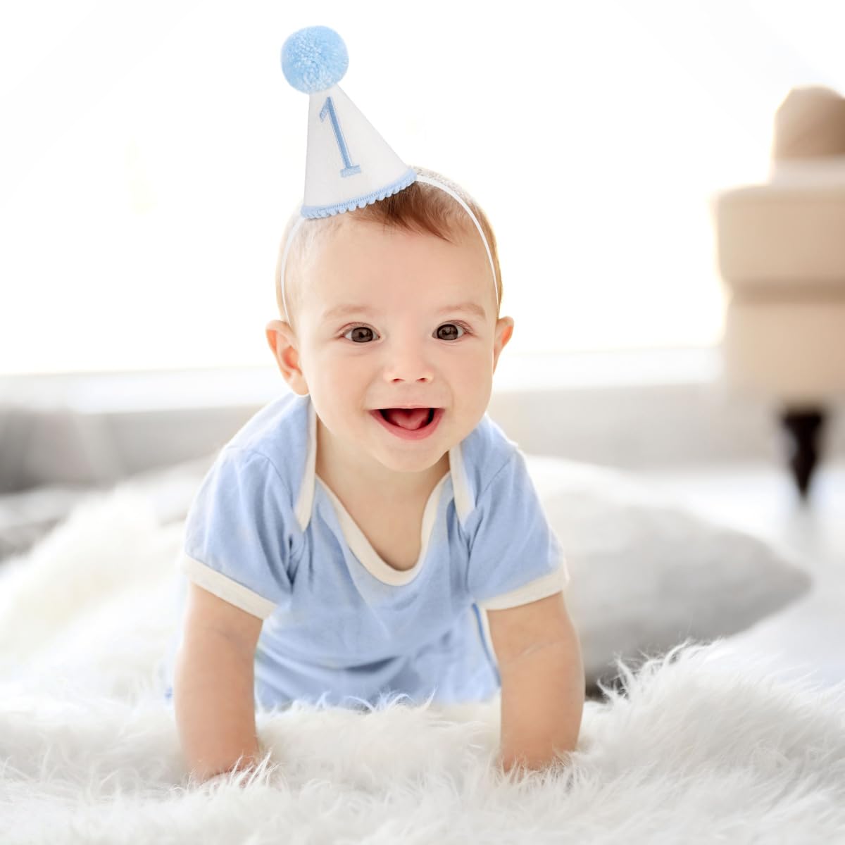 Kaniwati Baby 1st Birthday Party Crown, Pink 1st Birthday Embroidered Party Hat, Blue One Party Hat For Boys/Girls (BULE-1ST-CXMZ)