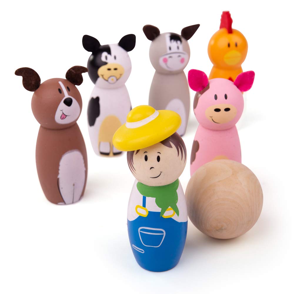 Bigjigs Toys Farm Wooden Skittles - Wooden Skittles for Toddlers with 6 Animal Skittles & 1 Bowling Ball, Educational Toy & Gifts for Kids Aged 2