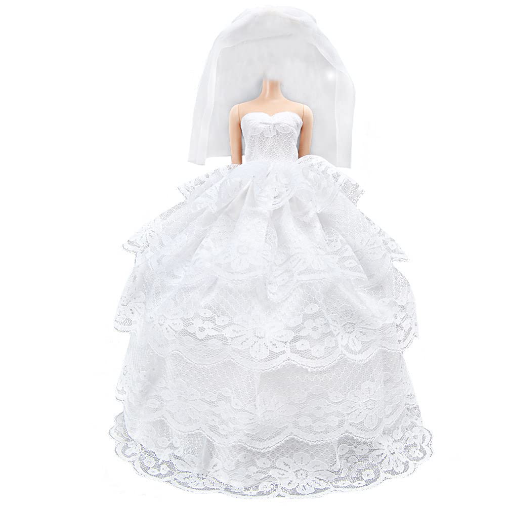 E-TING Handmade Wedding Evening Party Dress Clothes Gown Veil for Dolls (White)