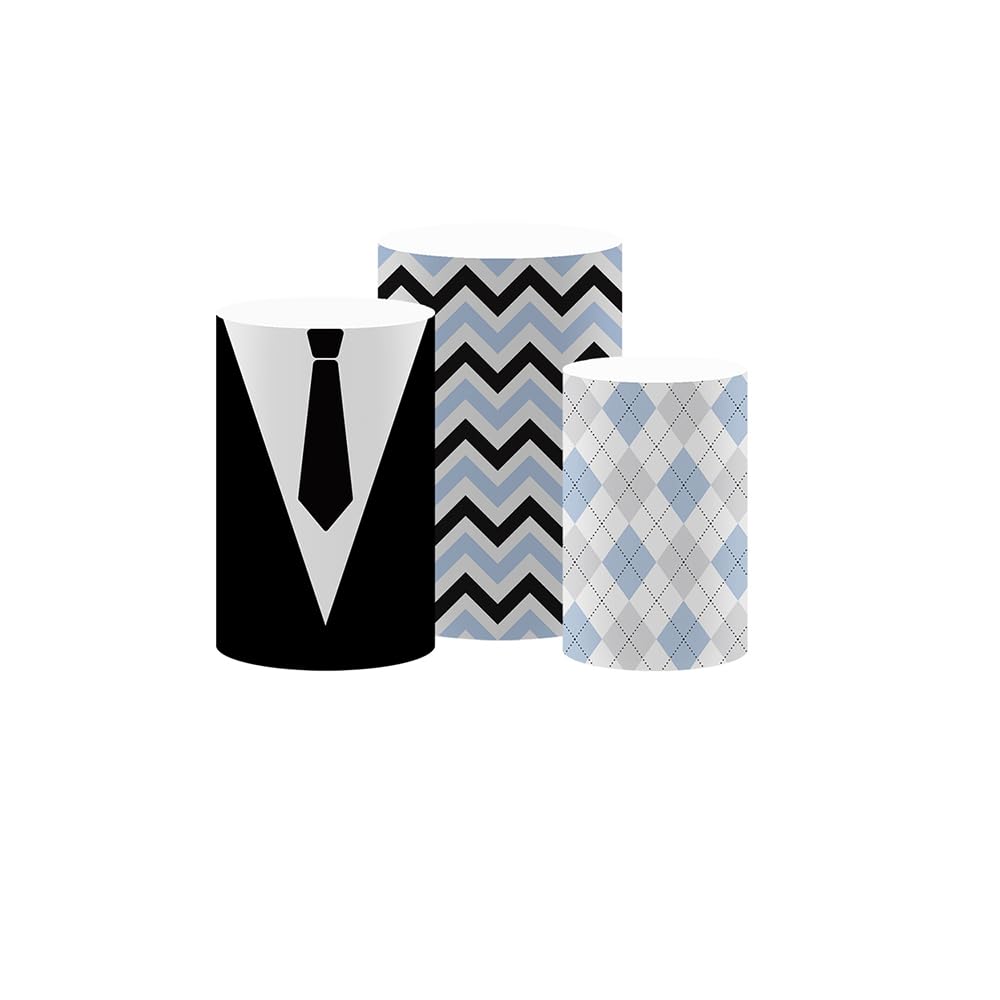 ittsmnt Cylinder Covers Set of 3 Pieces Black Stripes Bow Tie Pedestal Plinth Stand Covers Boys Baby Shower Birthday Party Tablecloth Decorations (Set