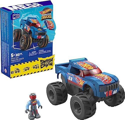 MEGA Hot Wheels Monster Trucks Toy Car Building Set, Smash & Crash Race Ace with 85 Pieces, 1 Micro Action Figure Driver, Blue, Kids Age 5+ Years