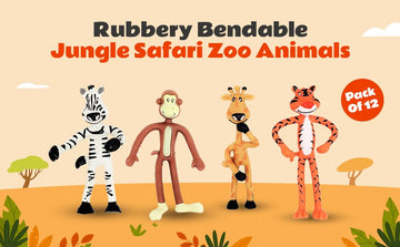 4 Inch Rubbery Bendable Jungle Safari Zoo Animals (12 Pack) Giraffe, Monkey, Zebra and Tiger Flexible Figures Birthday Party Favors Stress Relief