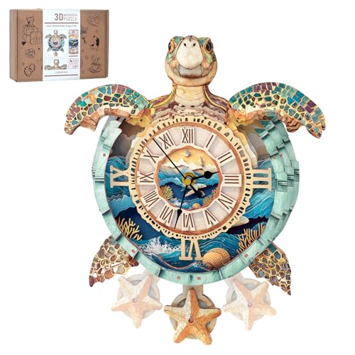 Rnfinewow 3D Puzzles for Adults, 3D Puzzle Sea Turtle Clock Kit (with Pendulum), Wooden Puzzle for Adults Home Wall Decor Clock Christmas Day Puzzle