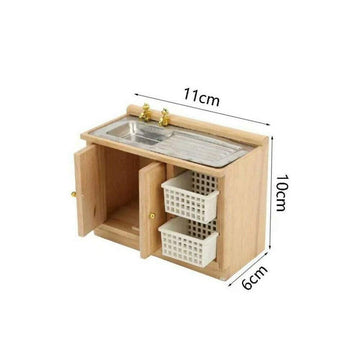 EatingBiting 1:12 Dollhouse Miniature Furniture Bathroom Kitchen Sink with Cabinet Basin Set Dolls House Light Oak Sink Unit w Towel Rail Miniature