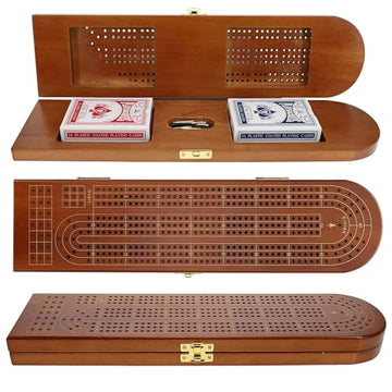 Pacific Shore Games Wooden Cribbage Board Game Set, Walnut Stained Continuous 3 Track for 2-3 Players, Card Storage