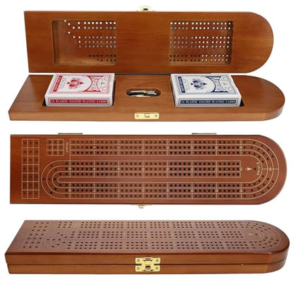 Pacific Shore Games Wooden Cribbage Board Game Set, Walnut Stained Continuous 3 Track for 2-3 Players, Card Storage