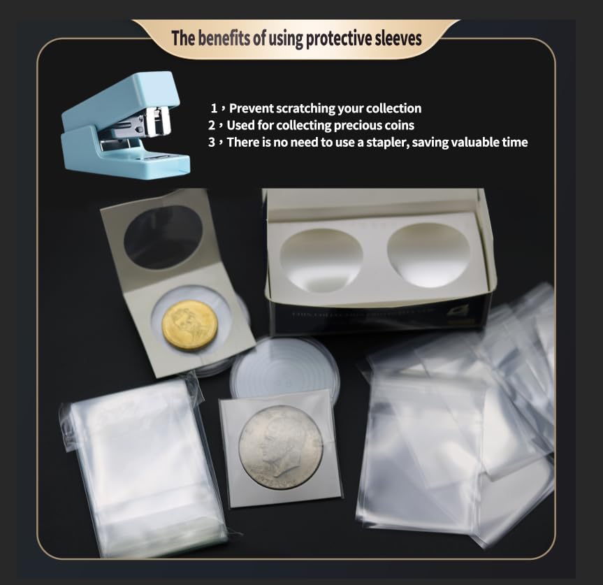Magiarcana 2x2 Coin Flip Sleeves - 1000pcs, No Stapler Needed, Protectors & Holders for Collectors & Miniature Coins - Reusable Self Seal