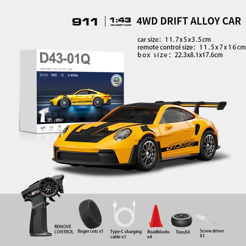 HOENTECH 1:43 Scale Mini Drift Car - 2.4GHz Full Proportional 4WD Alloy RC Drift Racsing Car with Gyro, Silent Bearings, Adjustable Speed & Dynamic
