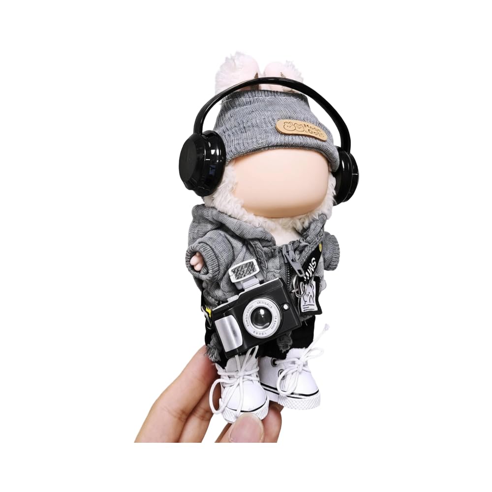 7pcs Outfit for Labubu 17cm Doll Cloth Set LBB Clothing and Accessories Hoodie Pants Shoes Hat Glasses Camera Headphone (No Doll)