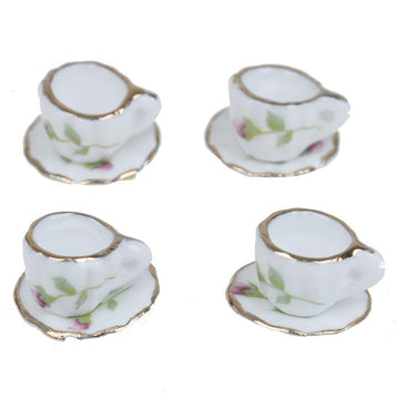 CoscosX 15 Pcs 1:12 Dollhouse Dining Ware Miniature Dish Cup Plate Pink Rose Chintz with Golden Trim Tableware Porcelain Ceramic Coffee Tea Cups