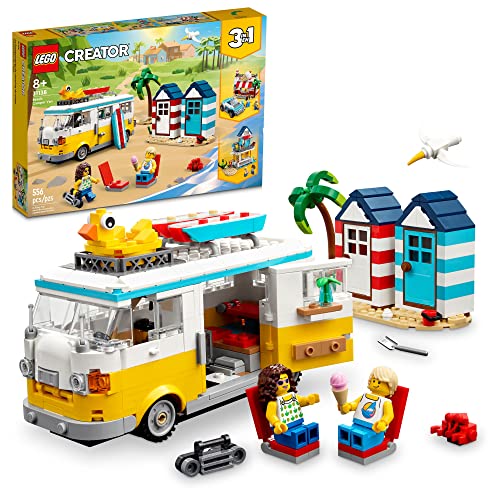 LEGO Creator 3 in 1 Beach Camper Van Building Kit, Transforms from a Campervan to Ice Cream Shop to House, Great Gift for Surfer Boys and Girls