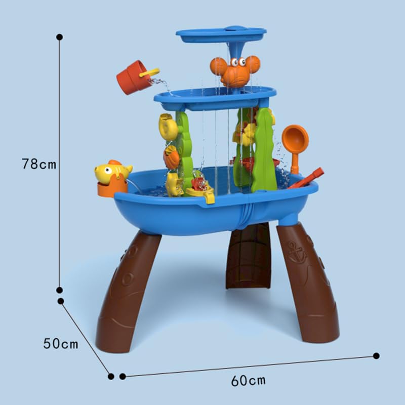 Bo-Toys 3-in-1 Sand and Water Table for Toddlers Ages 3+, Large Outdoor Sensory Play Table with Double-Layer Waterfall, Push-to-Squirt Fish, Spinning