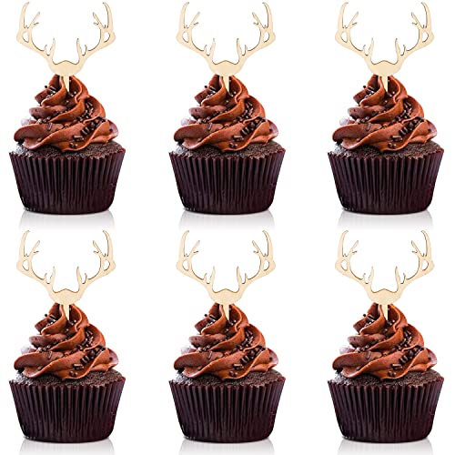 Huray Rayho Antler Cupcake Toppers Wooden Deer Cake Picks Decorations Baby Shower Wedding Hunting Boho Rustic Country Birthday Theme Party Supplies