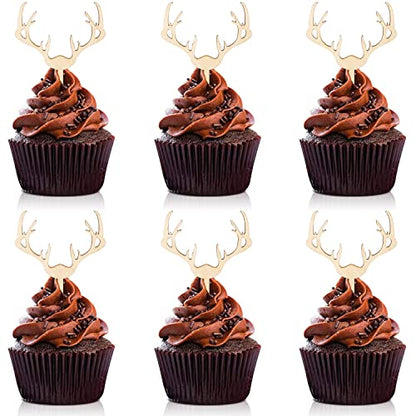 Huray Rayho Antler Cupcake Toppers Wooden Deer Cake Picks Decorations Baby Shower Wedding Hunting Boho Rustic Country Birthday Theme Party Supplies