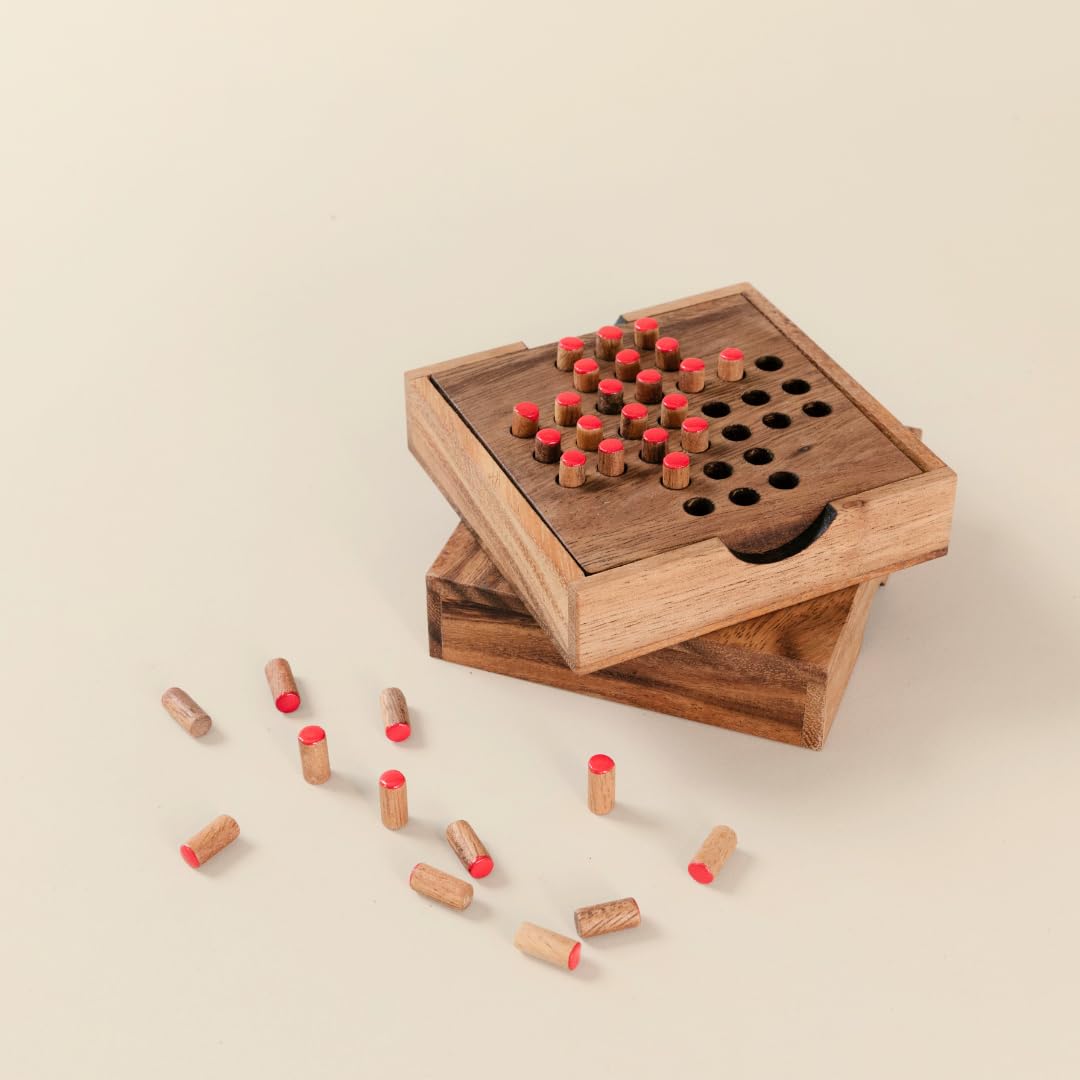 Wood Solitaire Game Classic Peg Solitaire Board Premium Wooden Design Single Player Brain Teaser Strategy Puzzle for Brain Training Tabletop Indoor